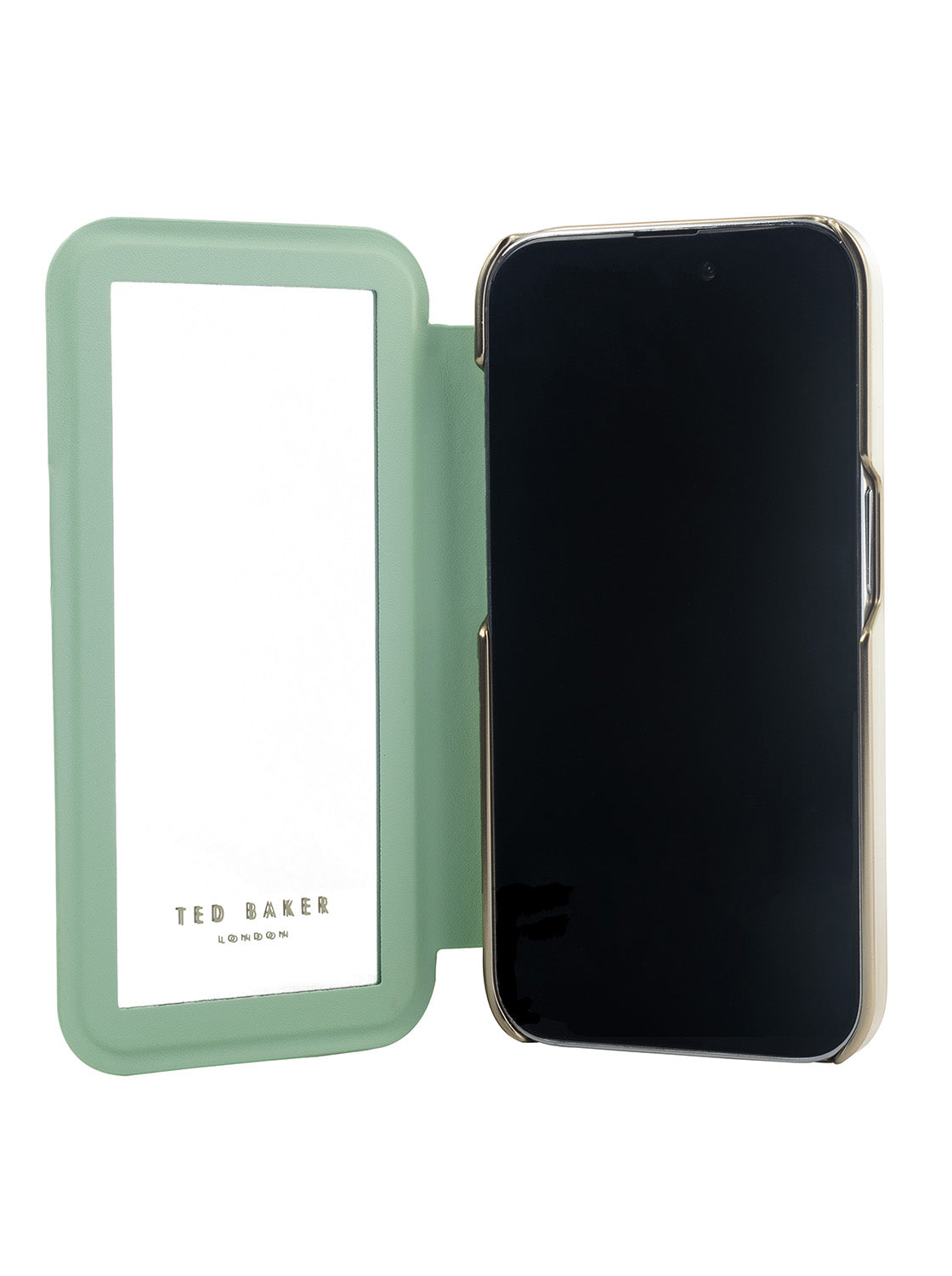 Ted Baker Cream Flower Placement Mirror Folio Phone Case for iPhone 15 Pro Max Green Gold Shell