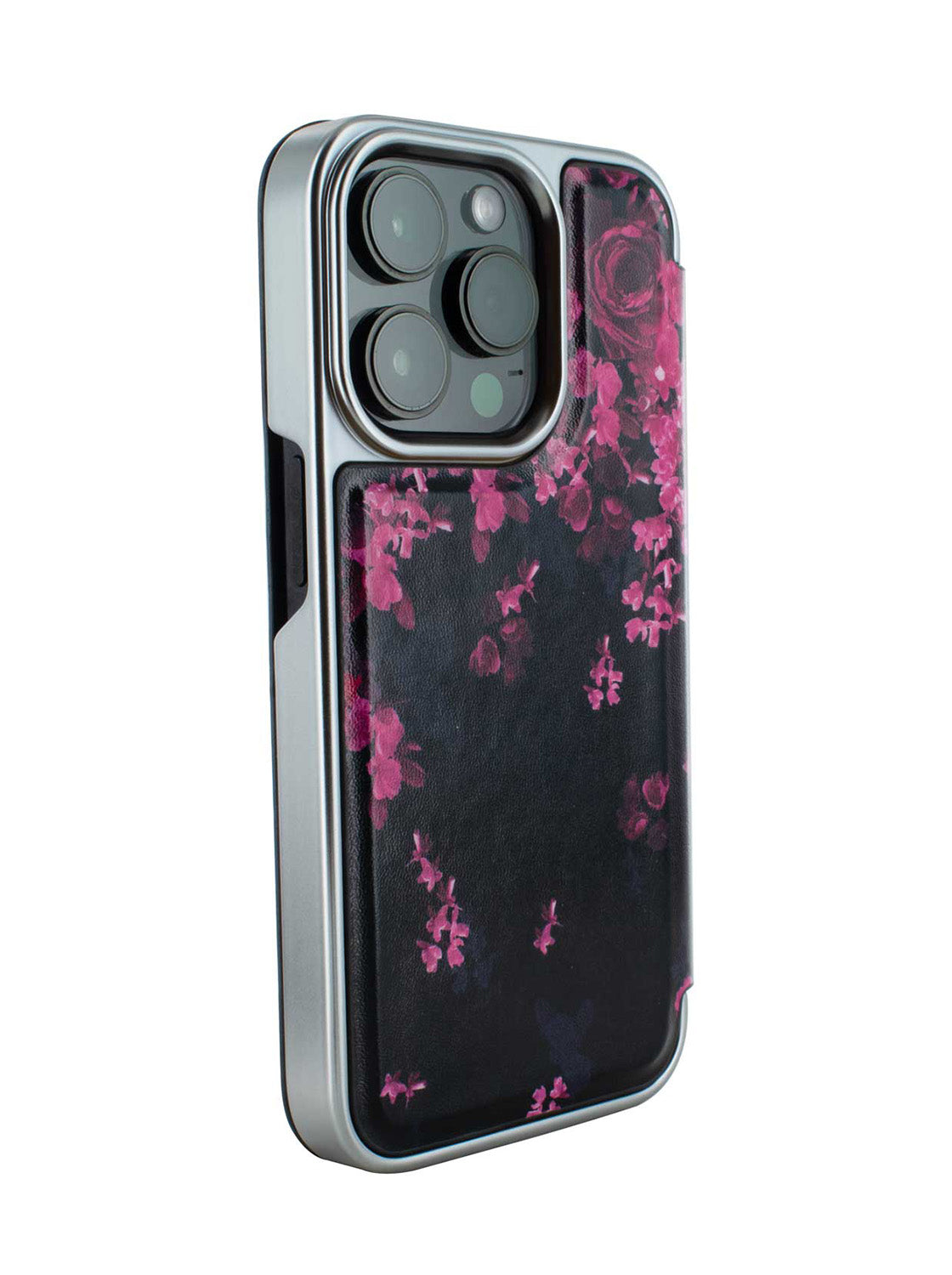 Ted Baker Black Flower Border Mirror Folio Phone Case for iPhone 15 Pro Max Silver Shell