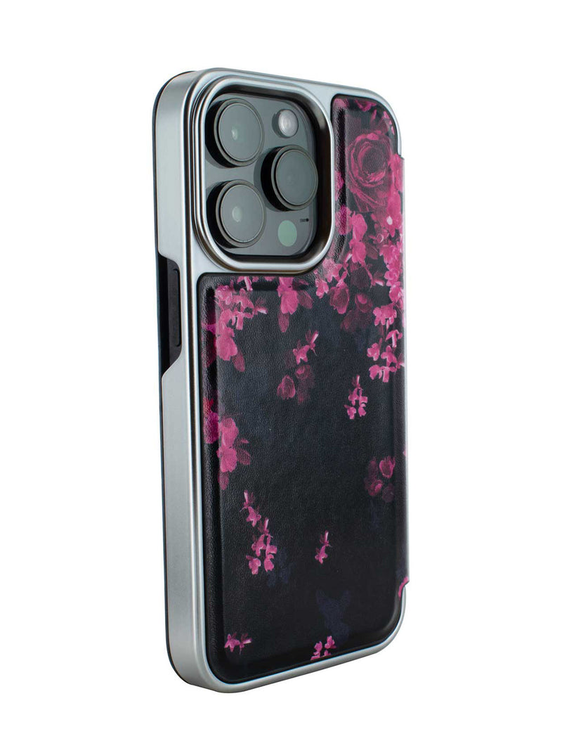 Ted Baker Black Flower Border Mirror Folio Phone Case for iPhone 15 Pro Max Silver Shell