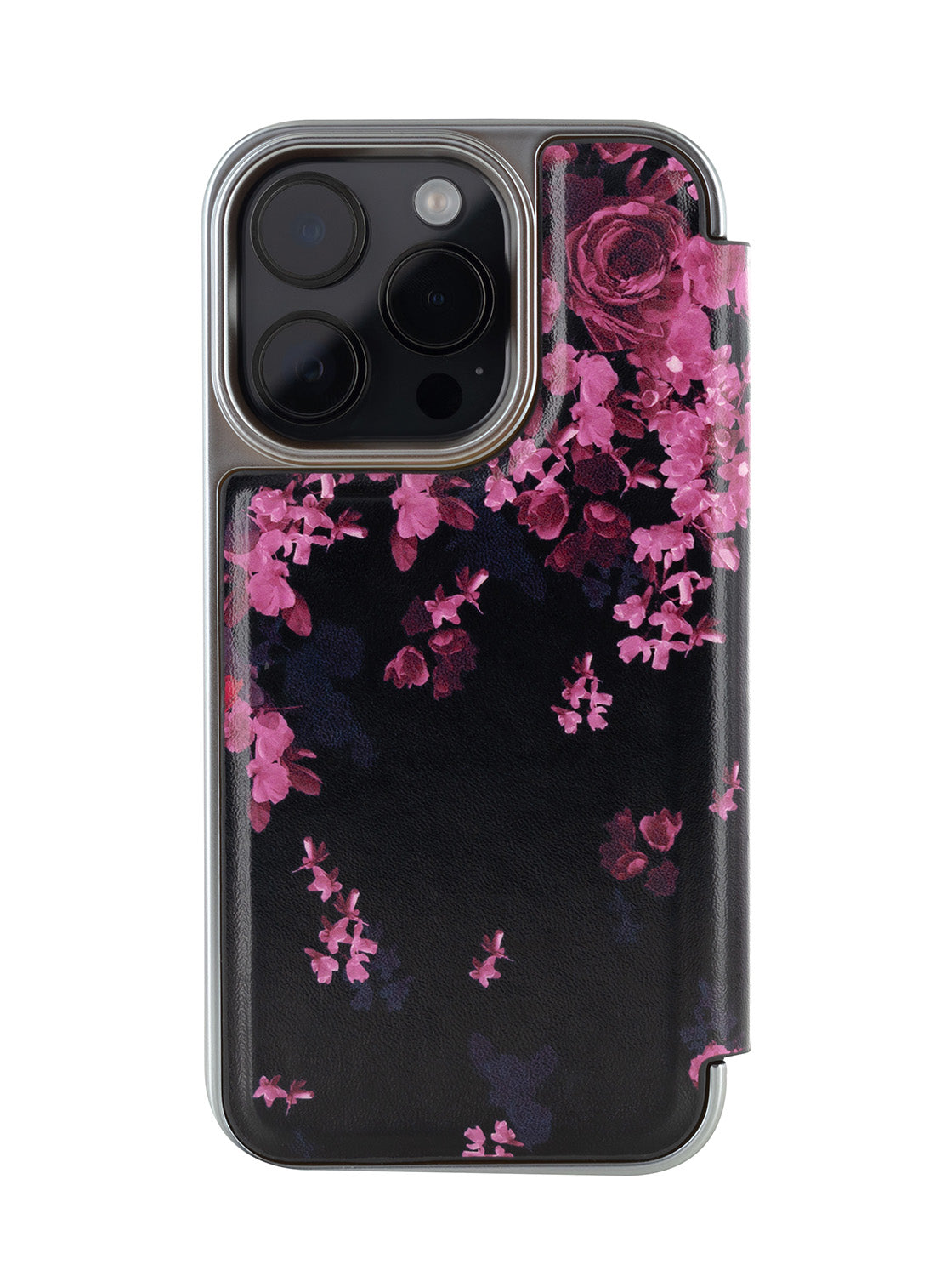 Ted Baker Black Flower Border Mirror Folio Phone Case for iPhone 15 Pro Max Silver Shell