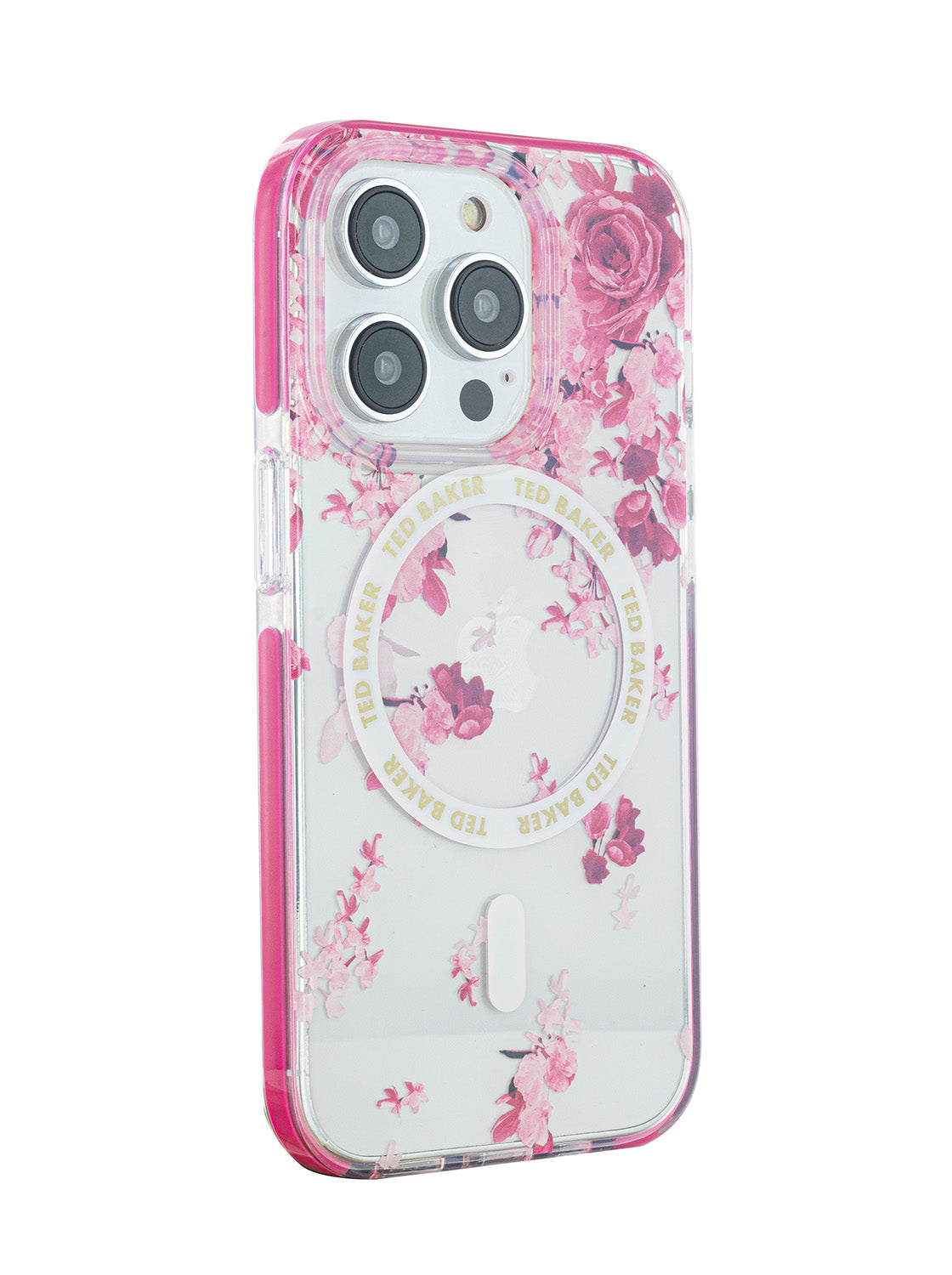 Ted Baker Clear Scattered Flowers Antishock Phone Case for iPhone 15 Pro Pink Bumper Compatible with MagSafe