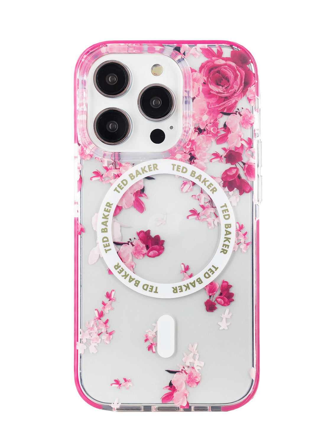 Ted Baker Clear Scattered Flowers Antishock Phone Case for iPhone 15 Pro Pink Bumper Compatible with MagSafe