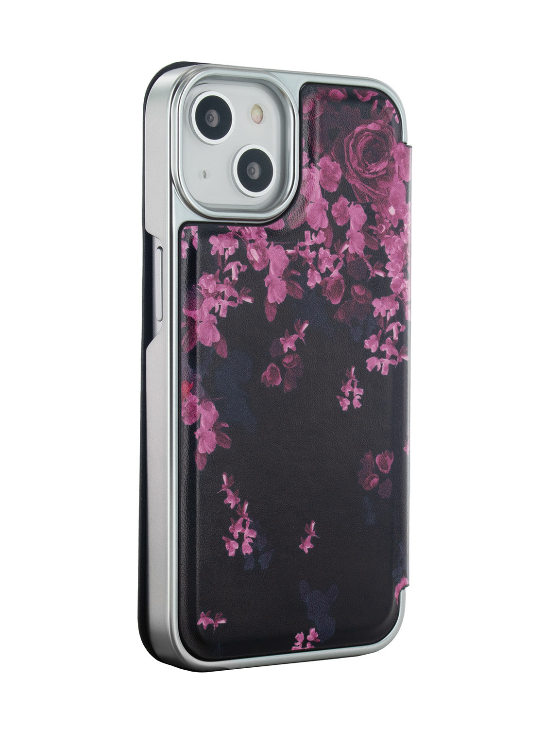 Ted Baker Black Flower Border Mirror Folio Phone Case for iPhone 15 Silver Shell