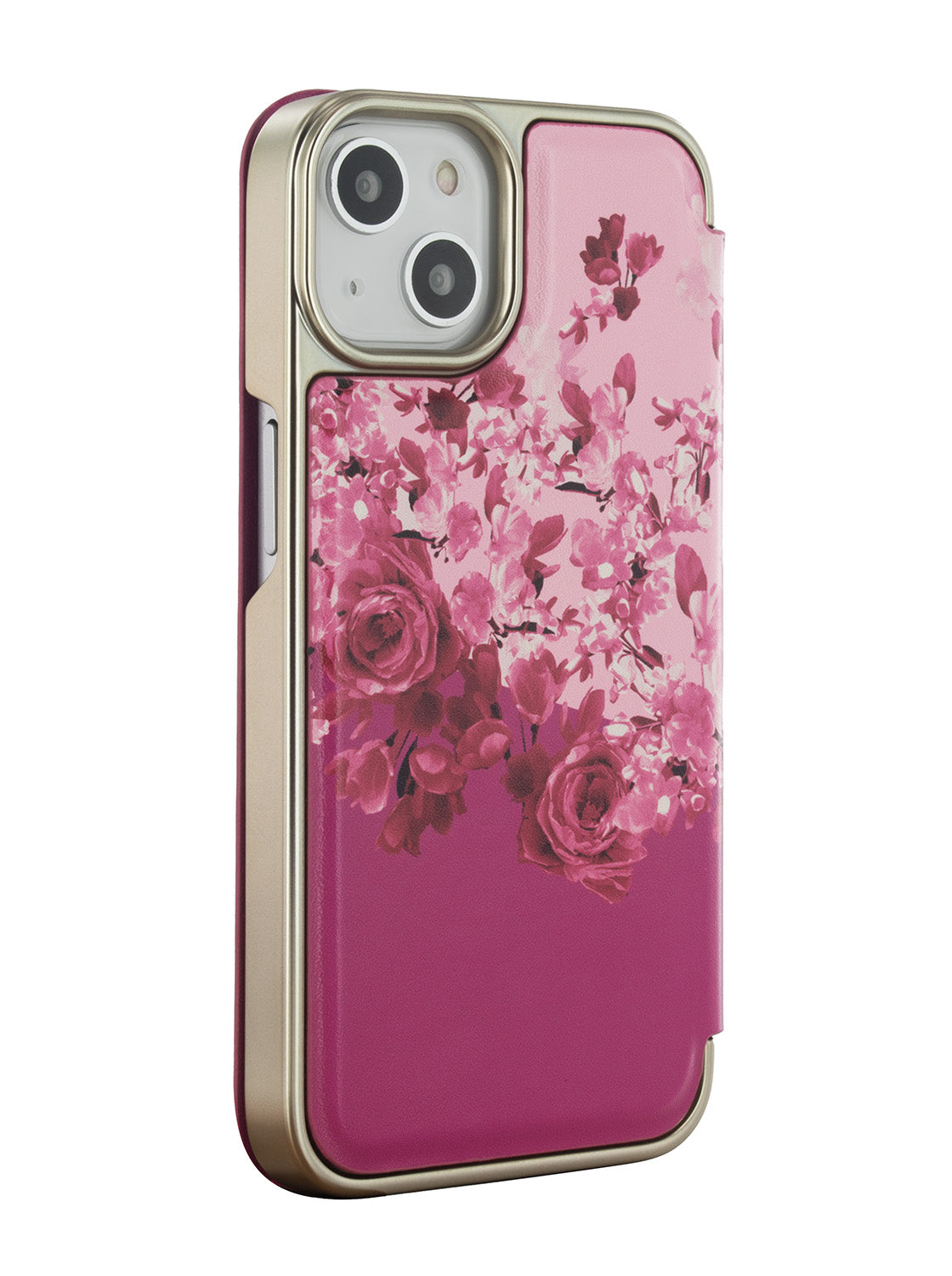 Ted Baker Pink Scattered Flowers Mirror Folio Phone Case for iPhone 15 Gold Shell