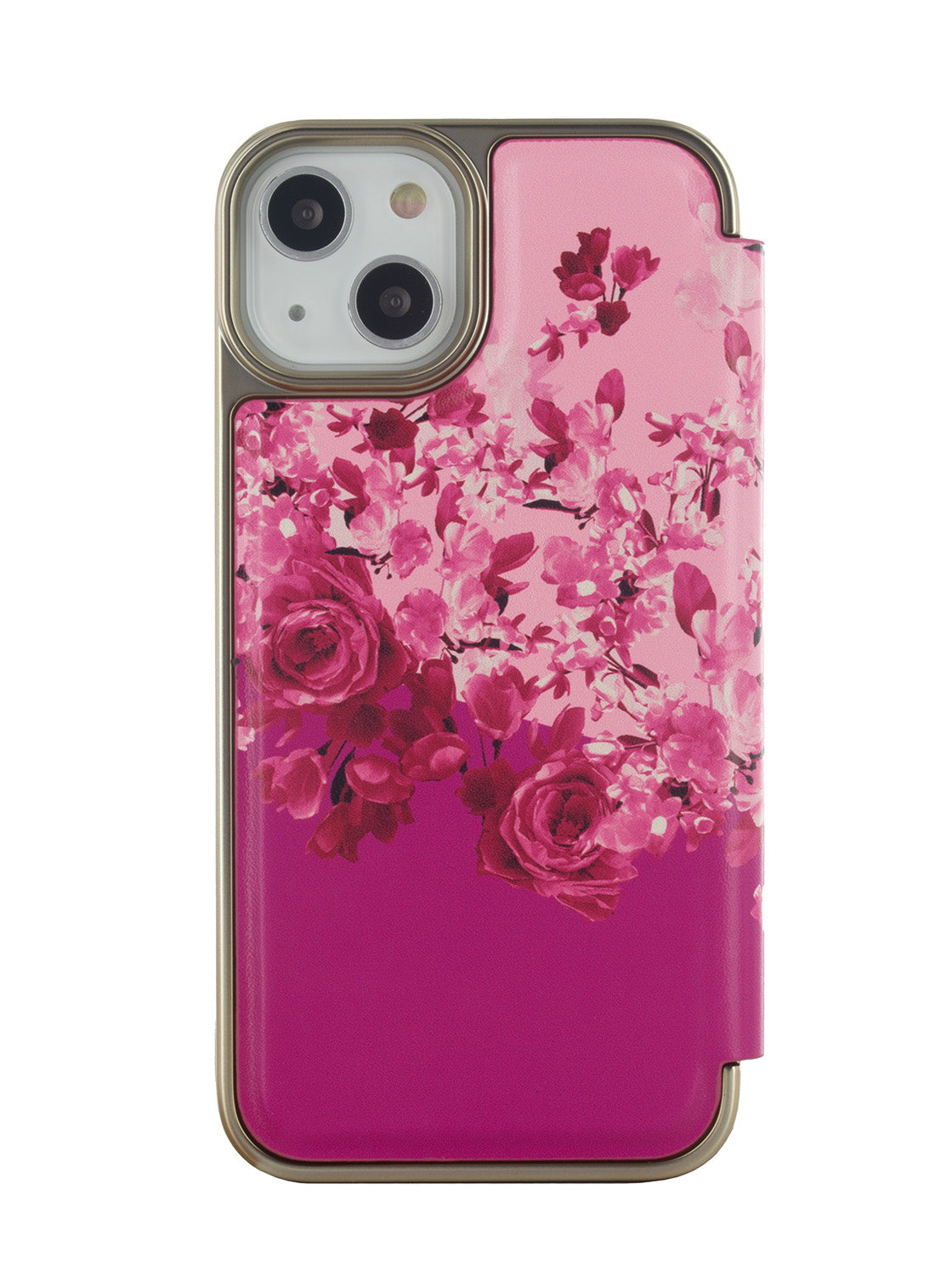 Ted Baker Pink Scattered Flowers Mirror Folio Phone Case for iPhone 15 Gold Shell