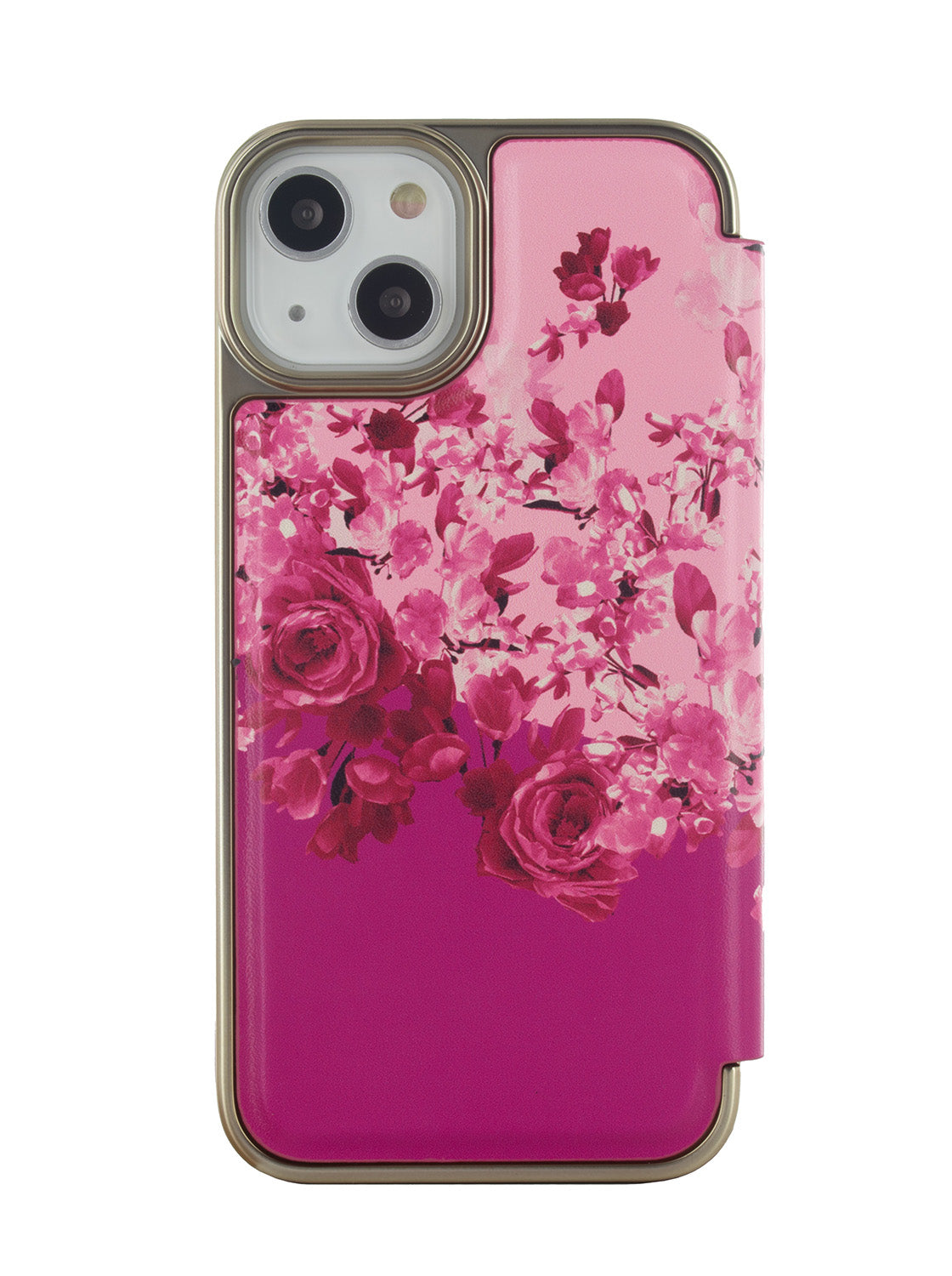 Ted Baker Pink Scattered Flowers Mirror Folio Phone Case for iPhone 15 Plus Gold Shell