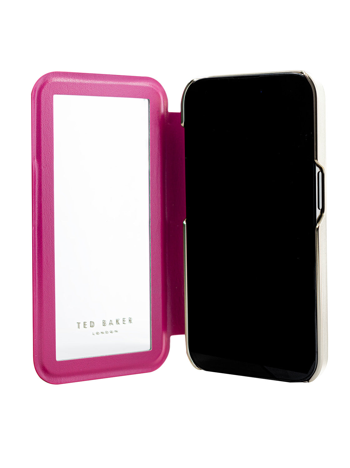 Ted Baker Pink Scattered Flowers Mirror Folio Phone Case for iPhone 15 Plus Gold Shell