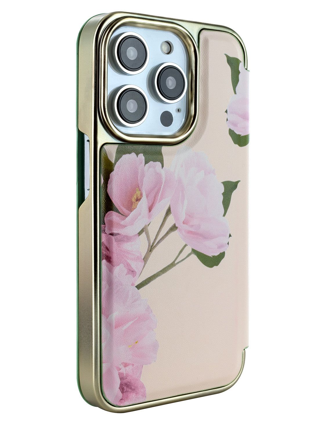 Ted Baker APPLLE Cream Flower Placement Mirror Folio Phone Case for iPhone 15 Pro Green Gold Shell