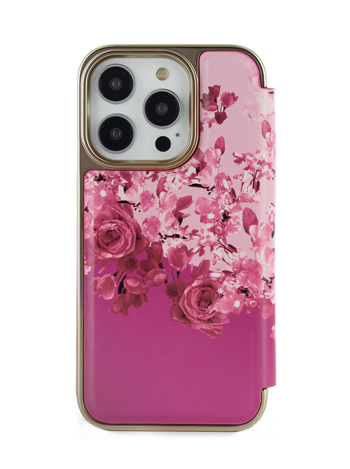 Ted Baker Pink Scattered Flowers Mirror Folio Phone Case for iPhone 15 Pro Gold Shell