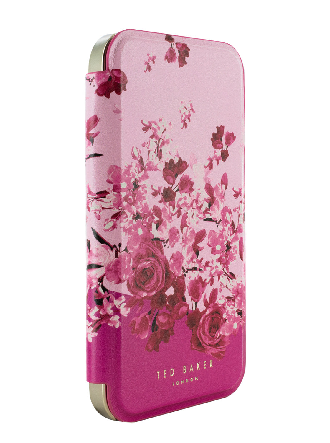 Ted Baker Pink Scattered Flowers Mirror Folio Phone Case for iPhone 15 Pro Gold Shell