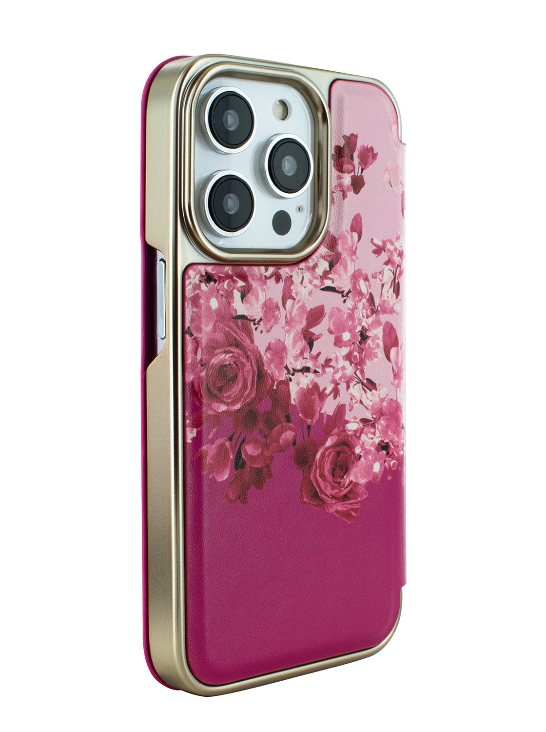 Ted Baker Pink Scattered Flowers Mirror Folio Phone Case for iPhone 15 Pro Max Gold Shell