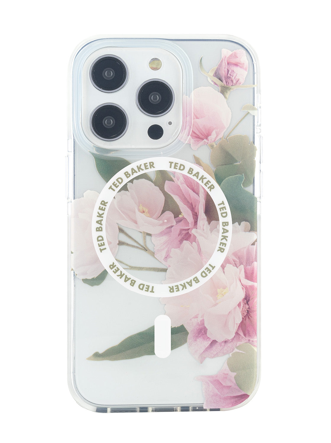 Ted Baker Clear Flower Placement Antishock Phone Case for iPhone 15 Pro Cream Bumper with MagSafe