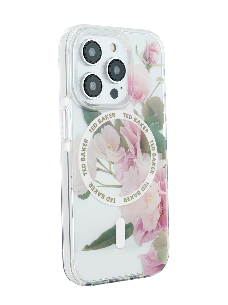 Ted Baker Clear Flower Placement Antishock Phone Case for iPhone 15 Pro Max Cream Bumper with MagSafe