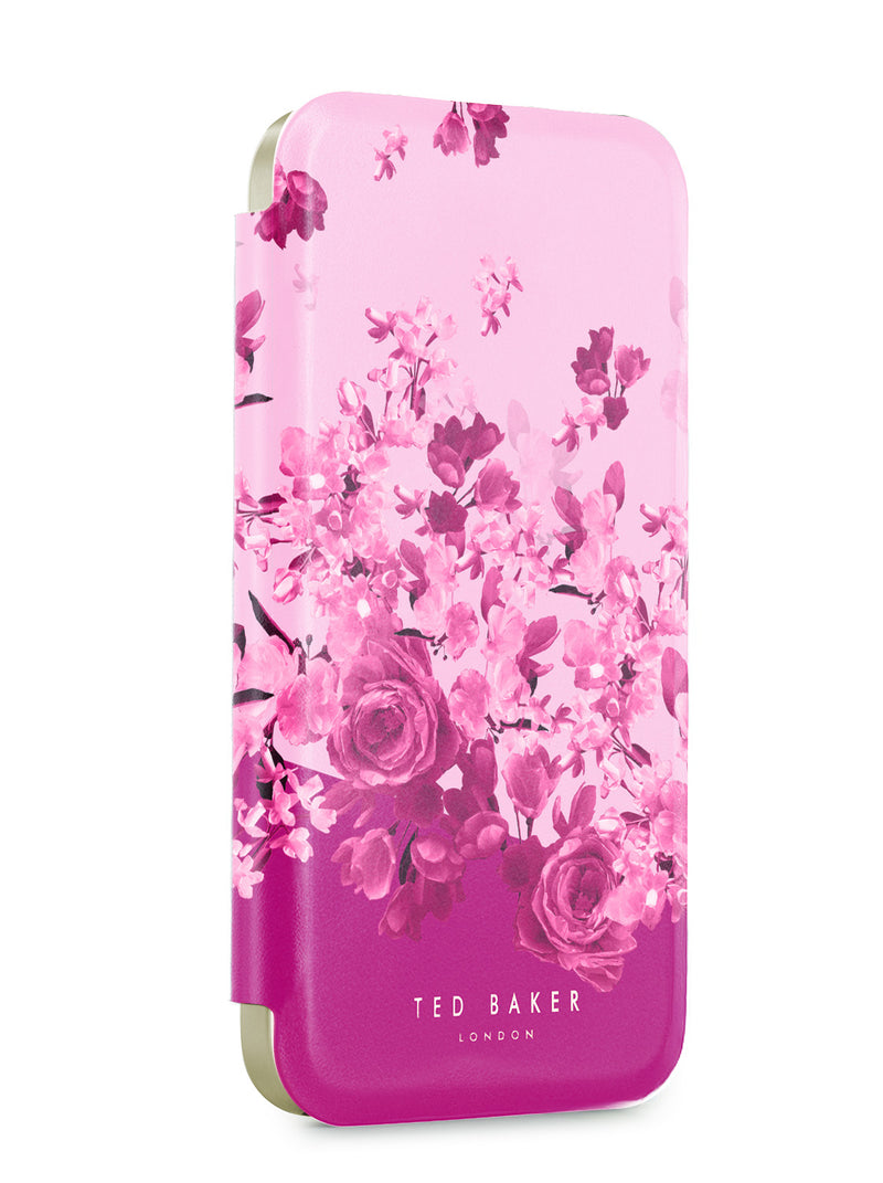 Ted Baker Pink Scattered Flowers Mirror Folio Phone Case for iPhone 16e Gold Shell
