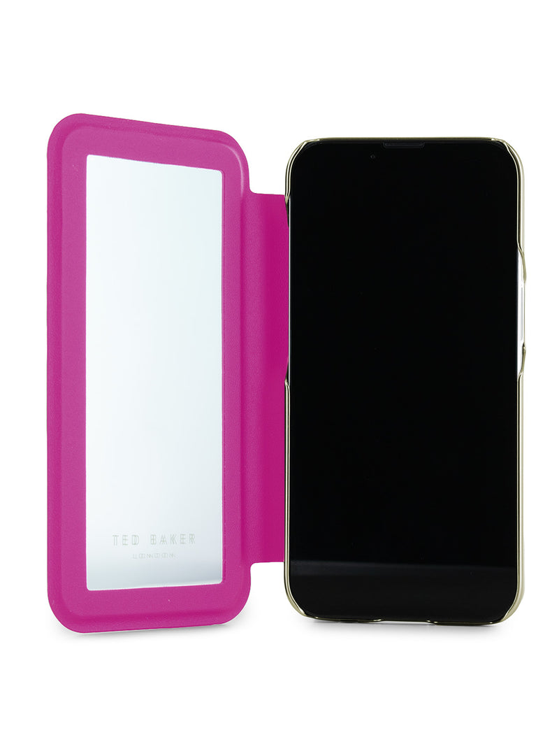 Ted Baker Pink Scattered Flowers Mirror Folio Phone Case for iPhone 16e Gold Shell