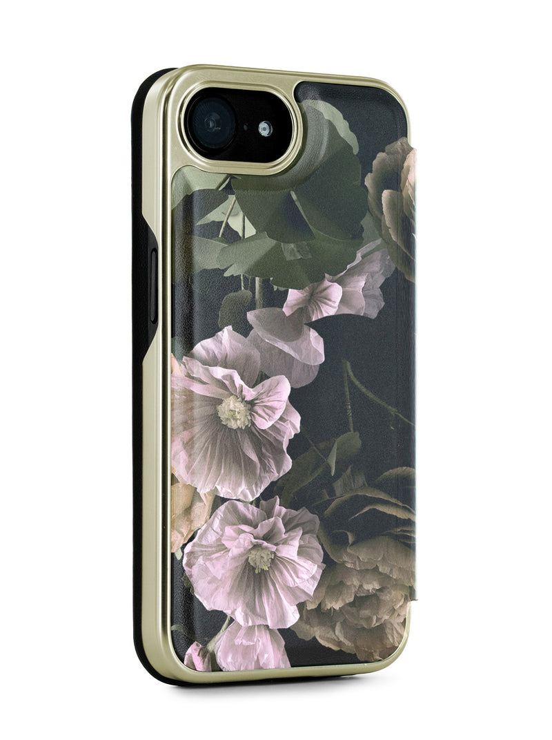 Ted Baker Black Paper Flowers Mirror Folio Phone Case for iPhone 16e Gold Shell