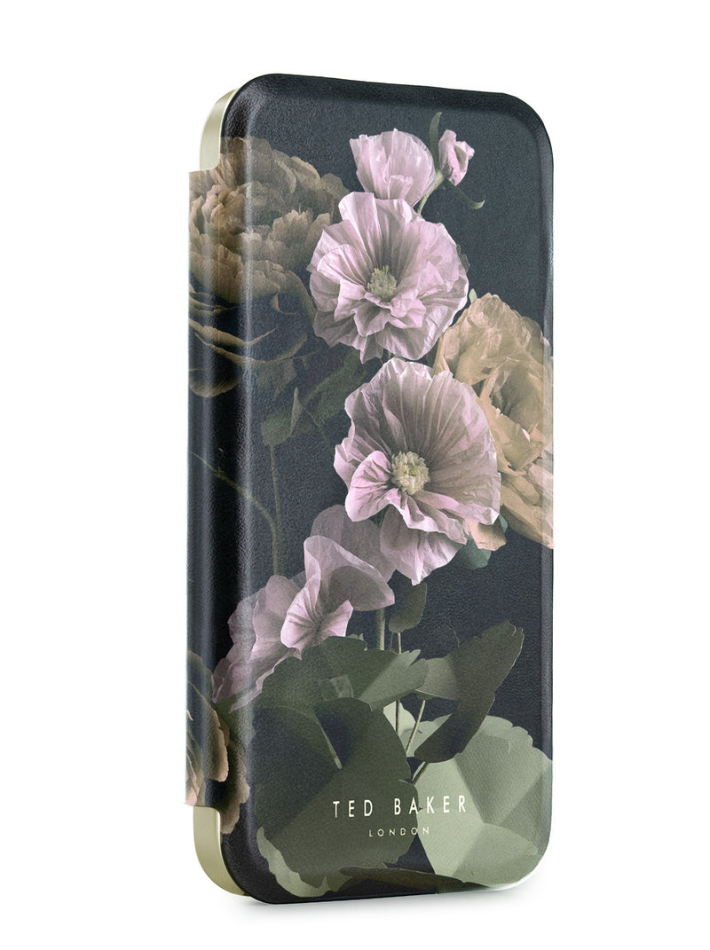 Ted Baker Black Paper Flowers Mirror Folio Phone Case for iPhone 16e Gold Shell