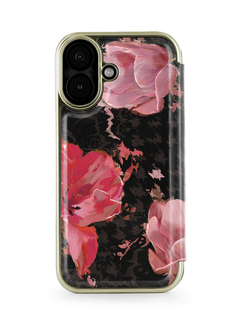 Ted Baker Pink Tulip Mirror Folio Phone Case for iPhone 17 Gold Shell
