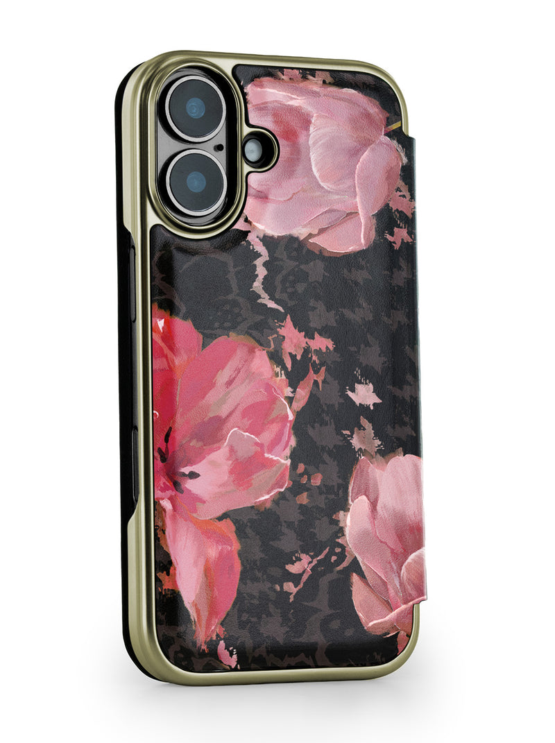Ted Baker Pink Tulip Mirror Folio Phone Case for iPhone 17 Gold Shell