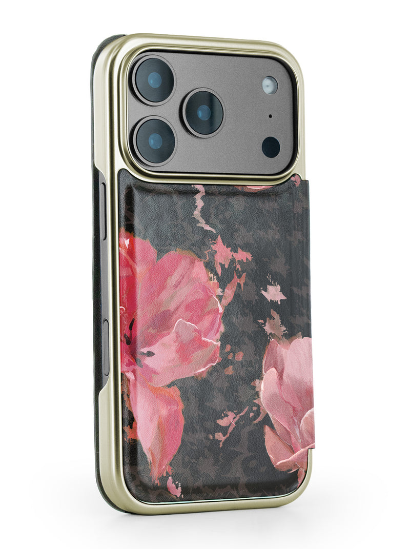 Ted Baker Pink Tulip Mirror Folio Phone Case for iPhone 17 Pro Gold Shell