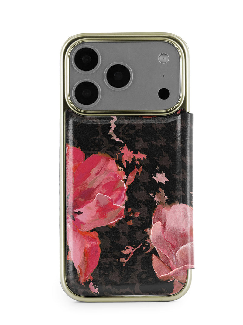 Ted Baker Pink Tulip Mirror Folio Phone Case for iPhone 17 Pro Gold Shell