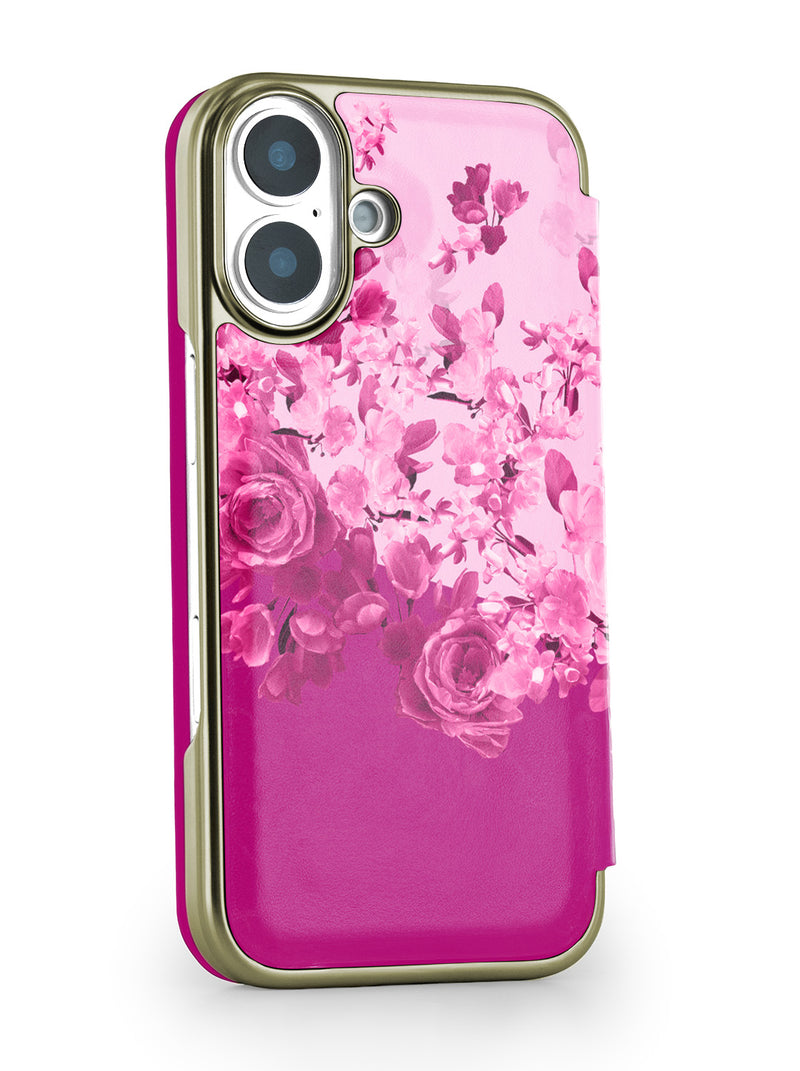 Ted Baker Pink Scattered Flowers Mirror Folio Phone Case for iPhone 17 Gold Shell