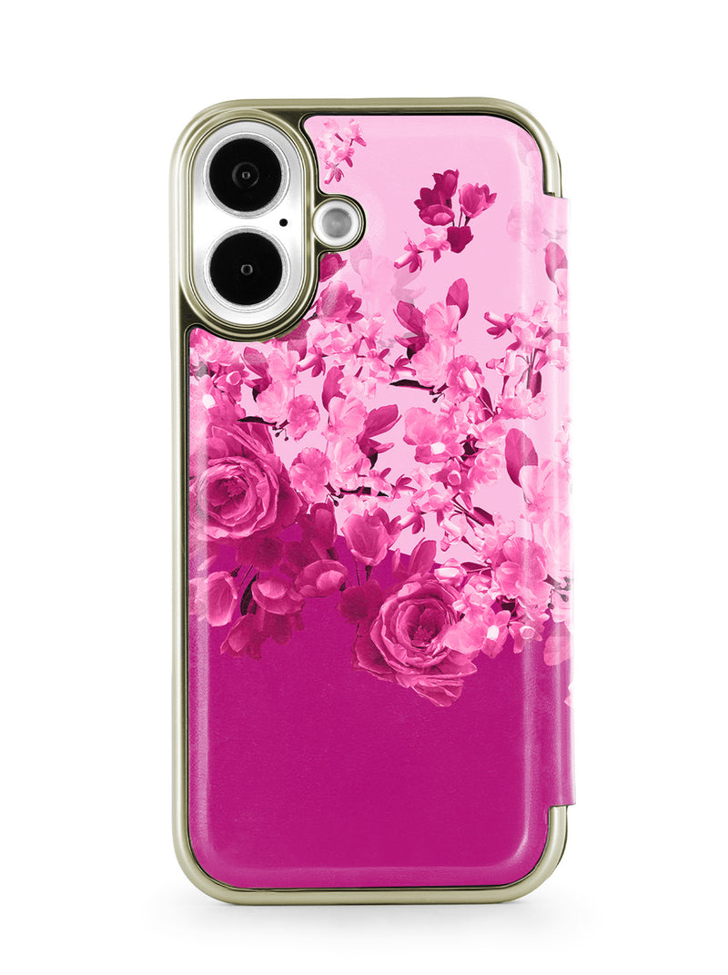 Ted Baker Pink Scattered Flowers Mirror Folio Phone Case for iPhone 17 Gold Shell