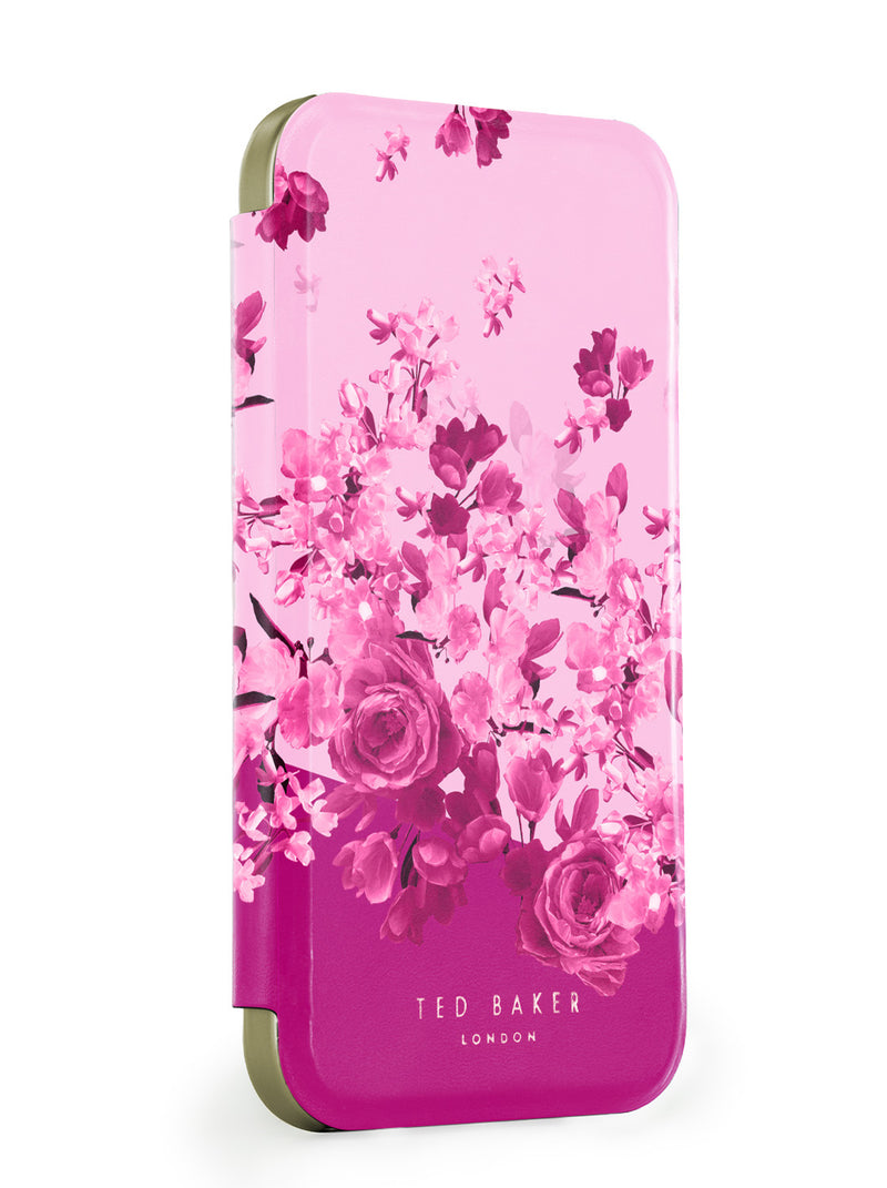Ted Baker Pink Scattered Flowers Mirror Folio Phone Case for iPhone 17 Gold Shell