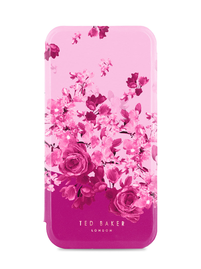 Ted Baker Pink Scattered Flowers Mirror Folio Phone Case for iPhone 17 Gold Shell