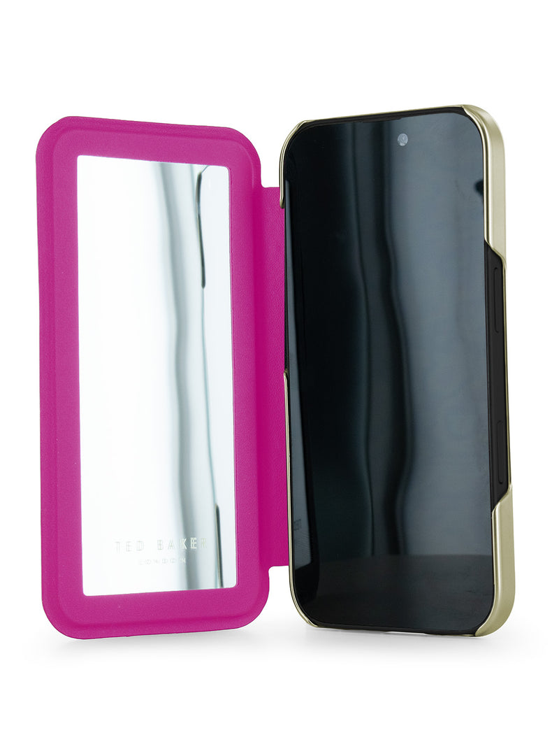 Ted Baker Pink Scattered Flowers Mirror Folio Phone Case for iPhone 17 Gold Shell
