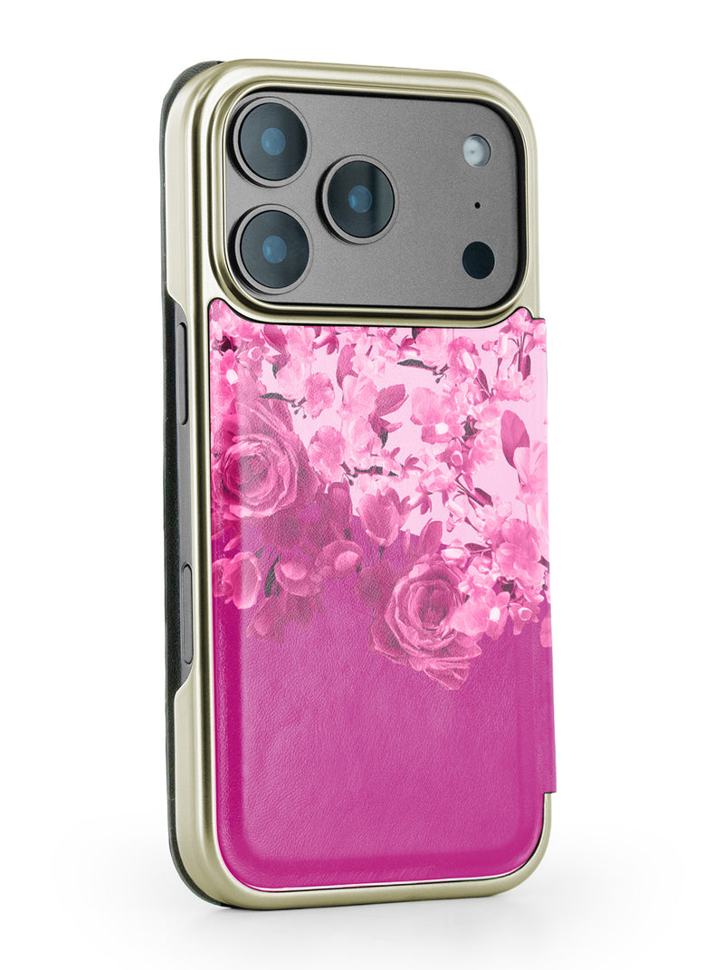 Ted Baker Pink Scattered Flowers Mirror Folio Phone Case for iPhone 17 Pro Gold Shell