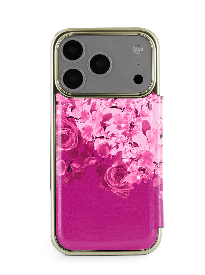 Ted Baker Pink Scattered Flowers Mirror Folio Phone Case for iPhone 17 Pro Gold Shell
