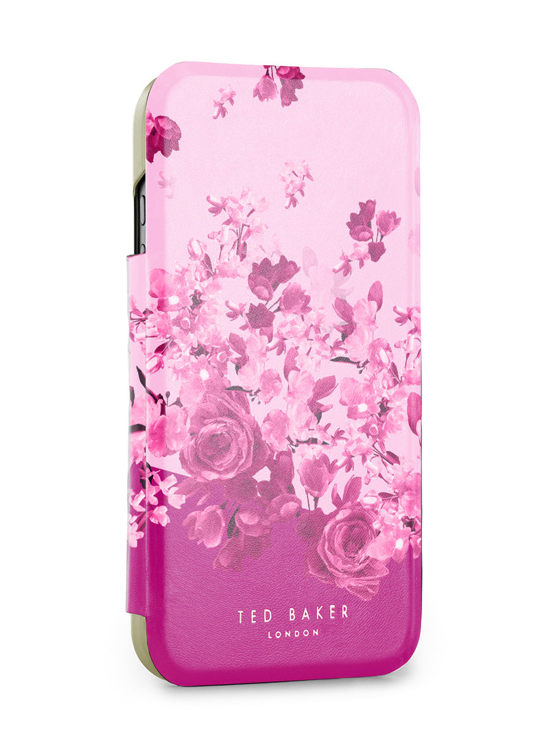Ted Baker Pink Scattered Flowers Mirror Folio Phone Case for iPhone 17 Pro Gold Shell