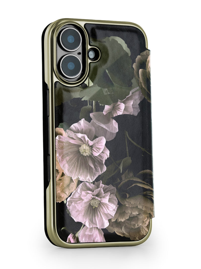 Ted Baker Black Paper Flowers Mirror Folio Phone Case for iPhone 17 Gold Shell
