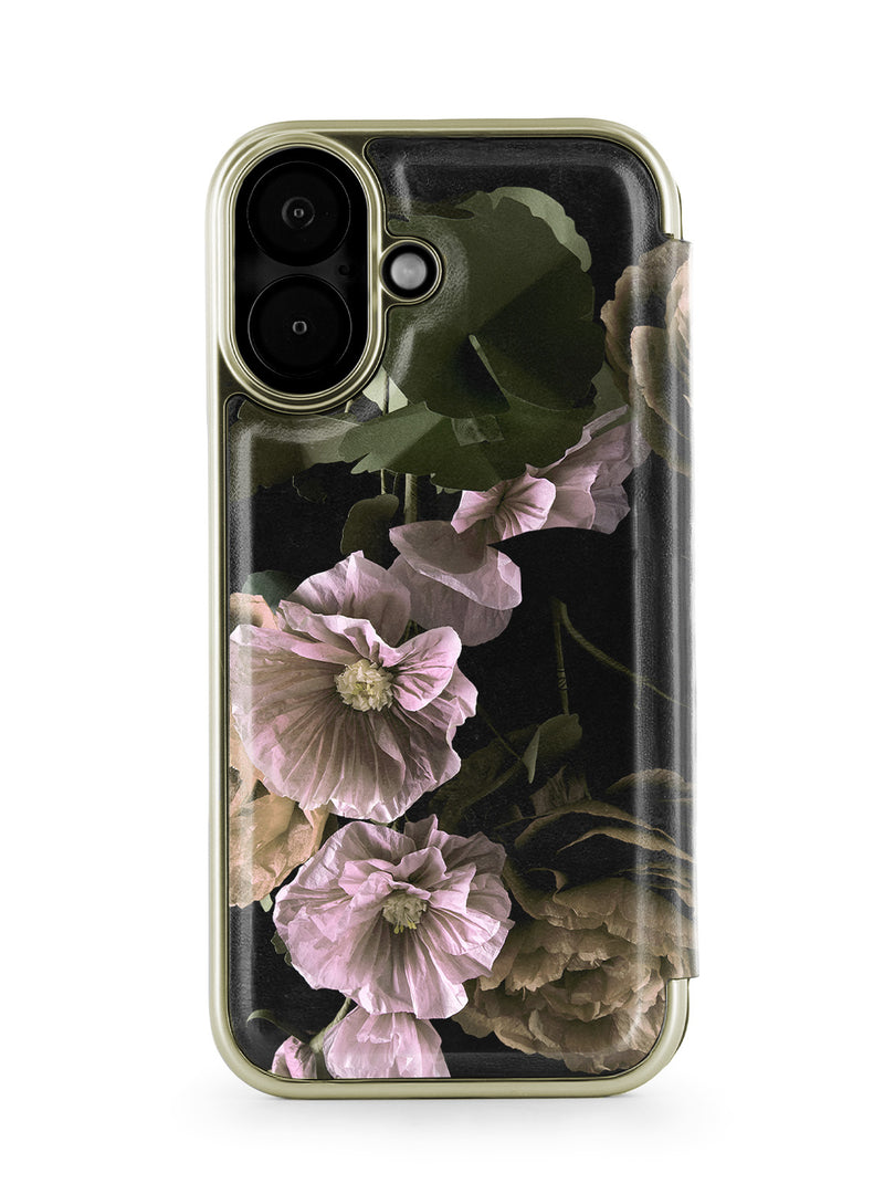 Ted Baker Black Paper Flowers Mirror Folio Phone Case for iPhone 17 Gold Shell