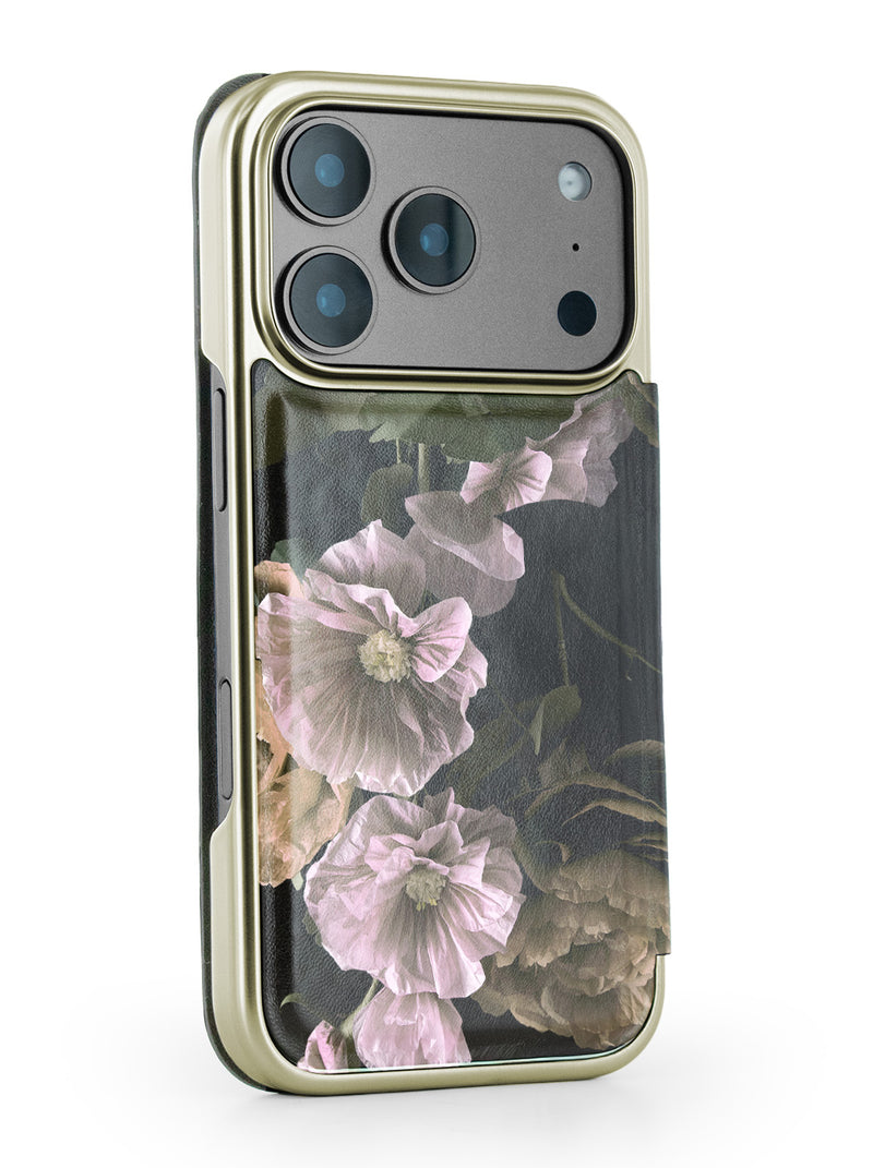 Ted Baker Black Paper Flowers Mirror Folio Phone Case for iPhone 17 Pro Gold Shell