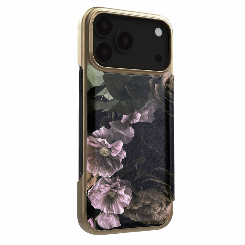 Ted Baker Black Paper Flowers Mirror Folio Phone Case for iPhone 17 Pro Gold Shell