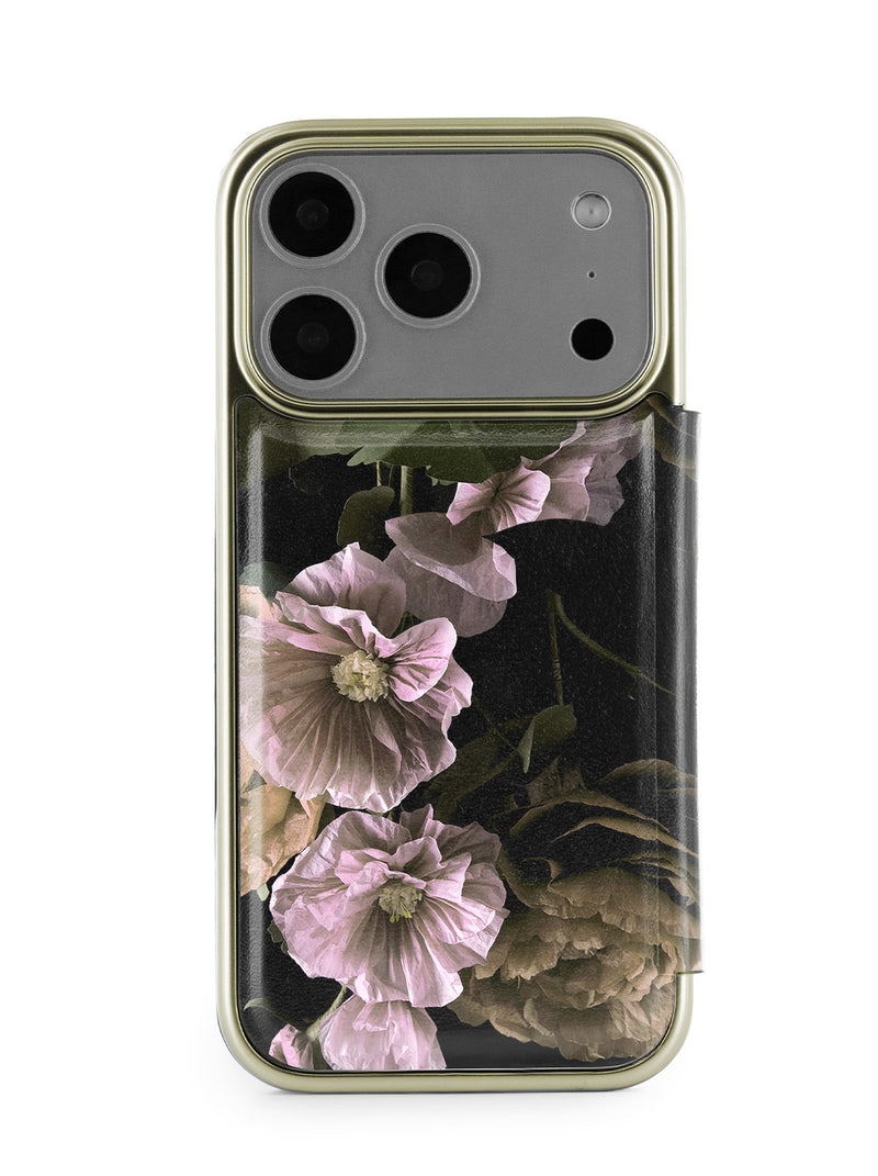 Ted Baker Black Paper Flowers Mirror Folio Phone Case for iPhone 17 Pro Gold Shell