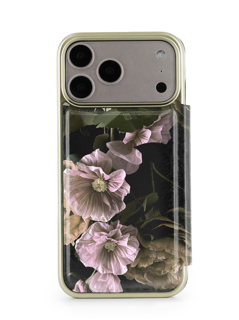 Ted Baker Black Paper Flowers Mirror Folio Phone Case for iPhone 17 Pro Max Gold Shell