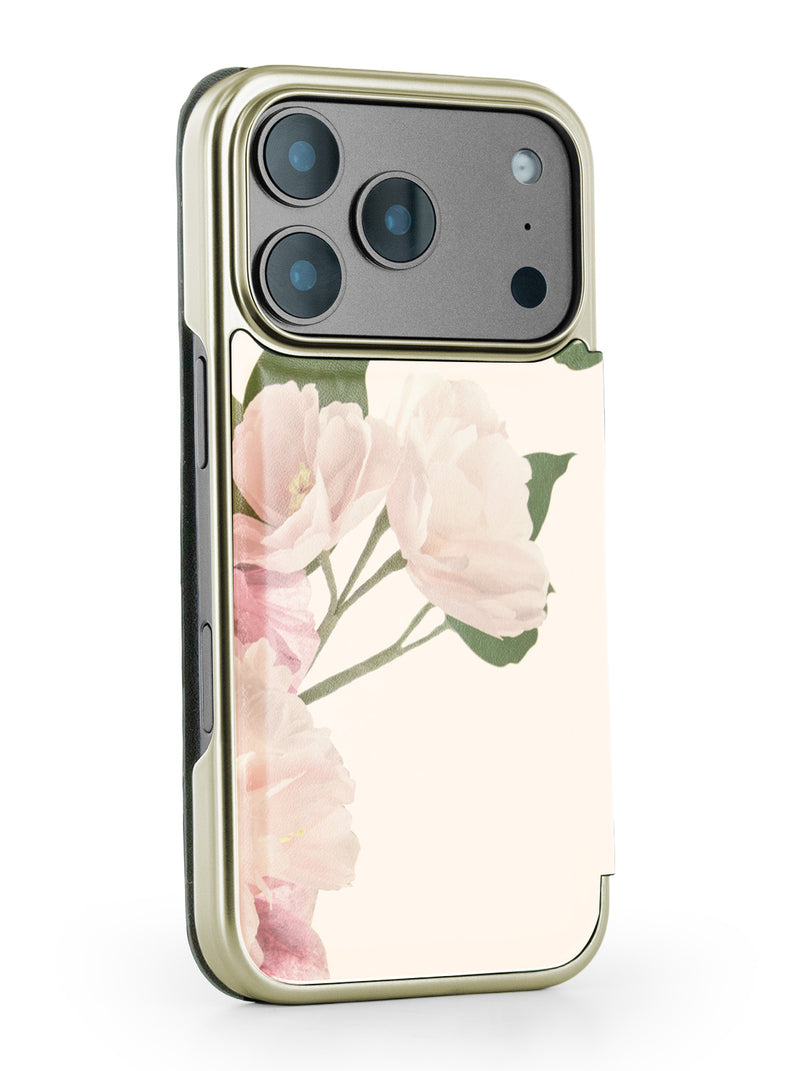 Ted Baker Cream Flower Placement Mirror Folio Phone Case for iPhone 17 Pro Gold Shell