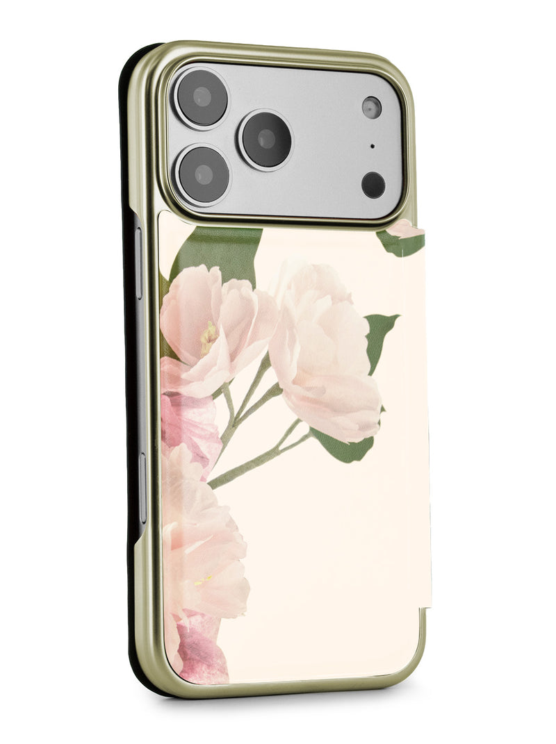 Ted Baker Cream Flower Placement Mirror Folio Phone Case for iPhone 17 Pro Max Gold Shell