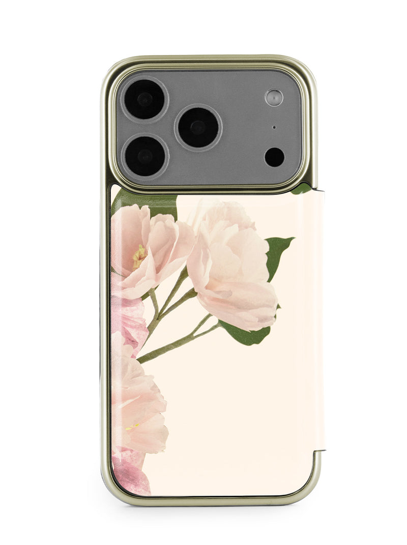Ted Baker Cream Flower Placement Mirror Folio Phone Case for iPhone 17 Pro Gold Shell