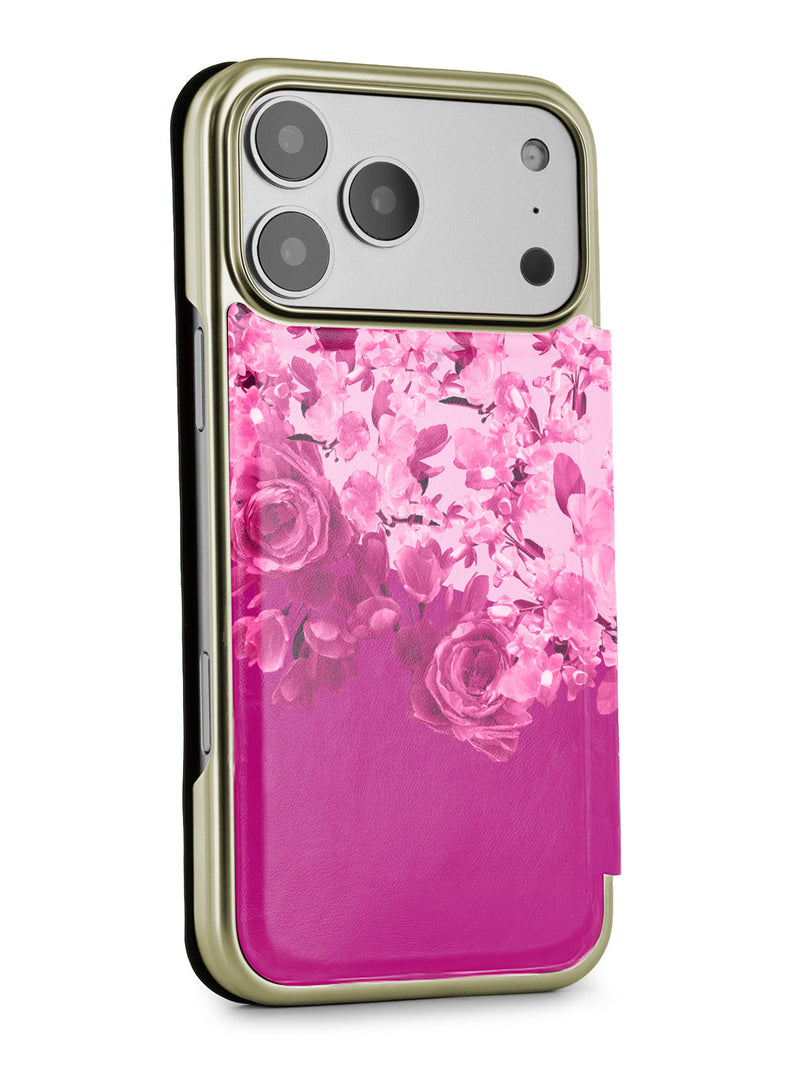 Ted Baker Pink Scattered Flowers Mirror Folio Phone Case for iPhone 17 Pro Max Gold Shell
