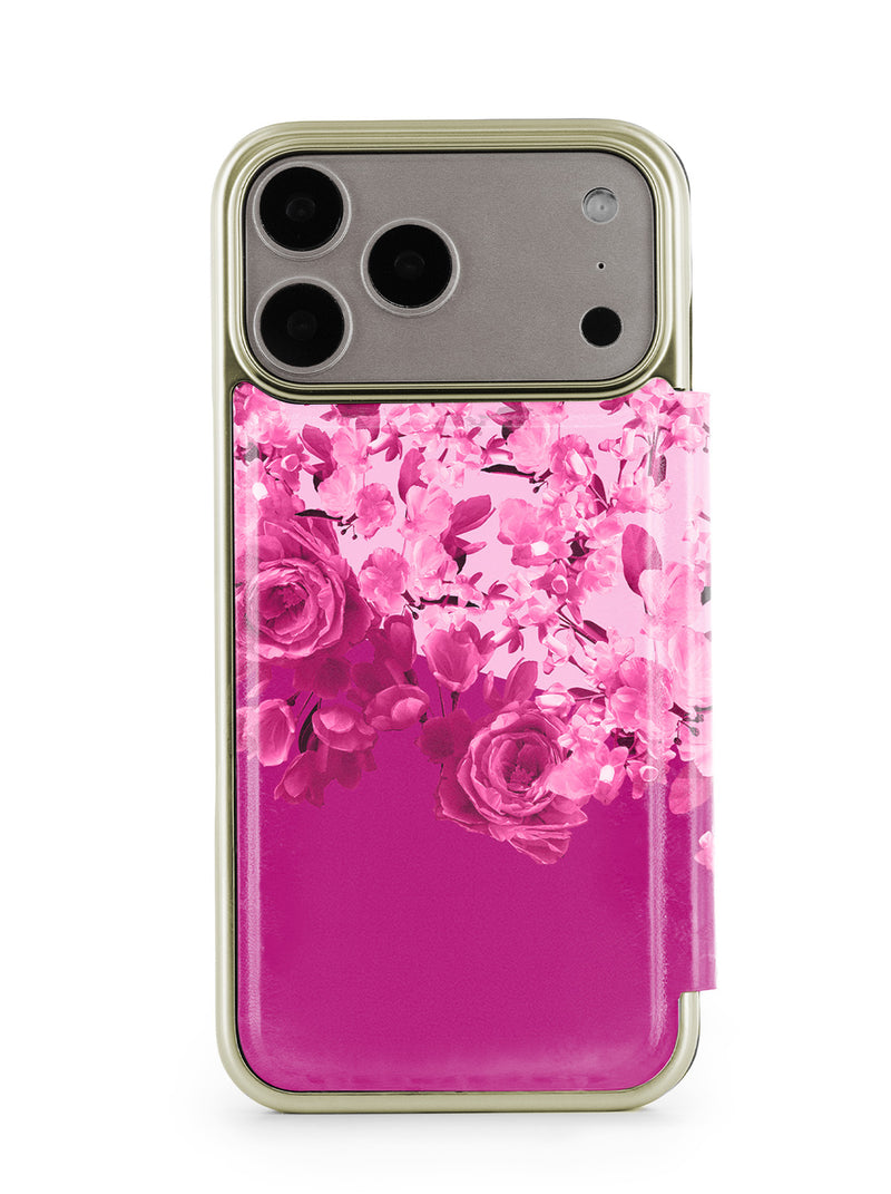 Ted Baker Pink Scattered Flowers Mirror Folio Phone Case for iPhone 17 Pro Max Gold Shell