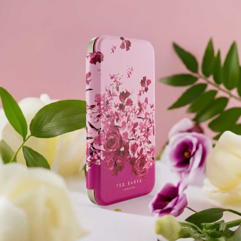 Ted Baker ALSTA Pink Scattered Flowers Mirror Folio Phone Case for iPhone 14 Pro Max Gold Shell