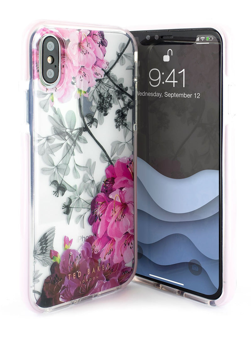 Front and back image of the Ted Baker Apple iPhone XS / X phone case in Clear Print