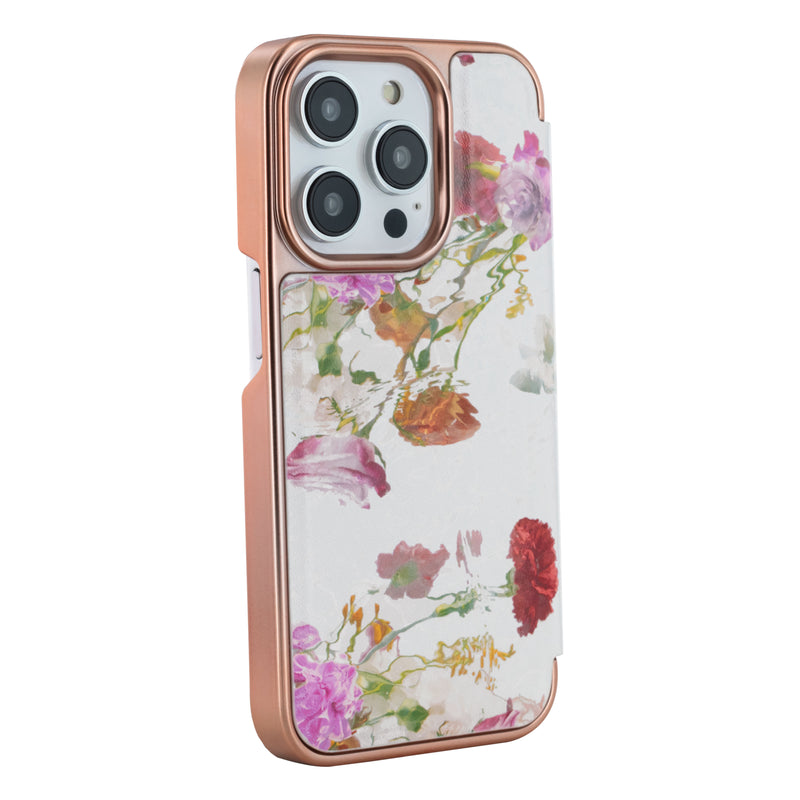 Ted Baker GLADOT Mirror Folio for iPhone 14 Pro Water Floral Grey Rose Gold